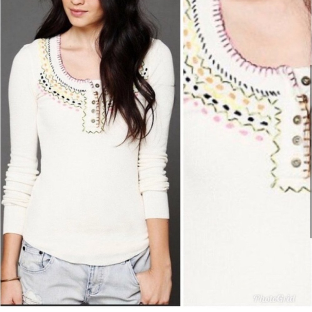 We The Free White Long Sleeve Top with Multicolor Accents